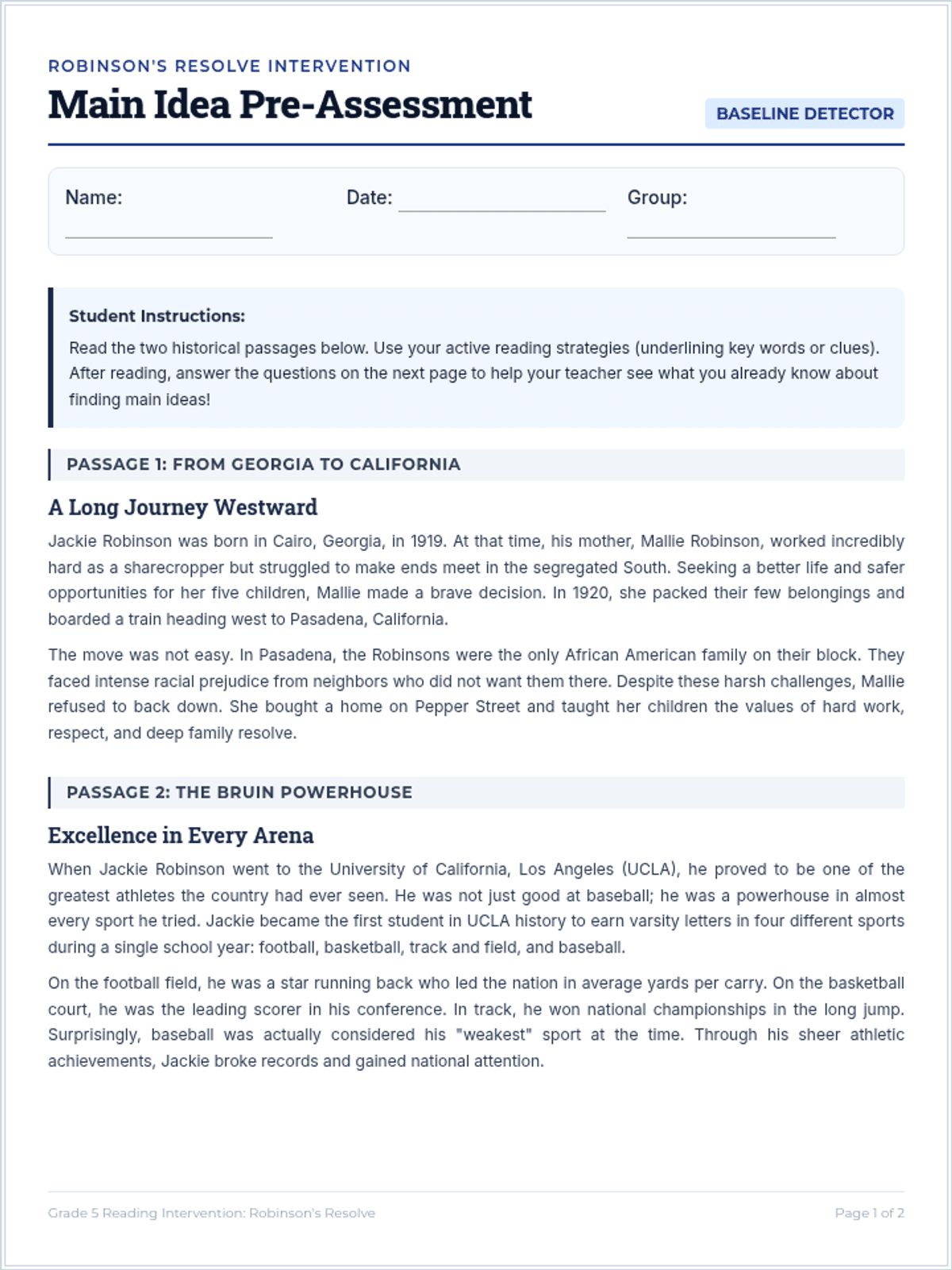 Main idea reading pre-assessment
