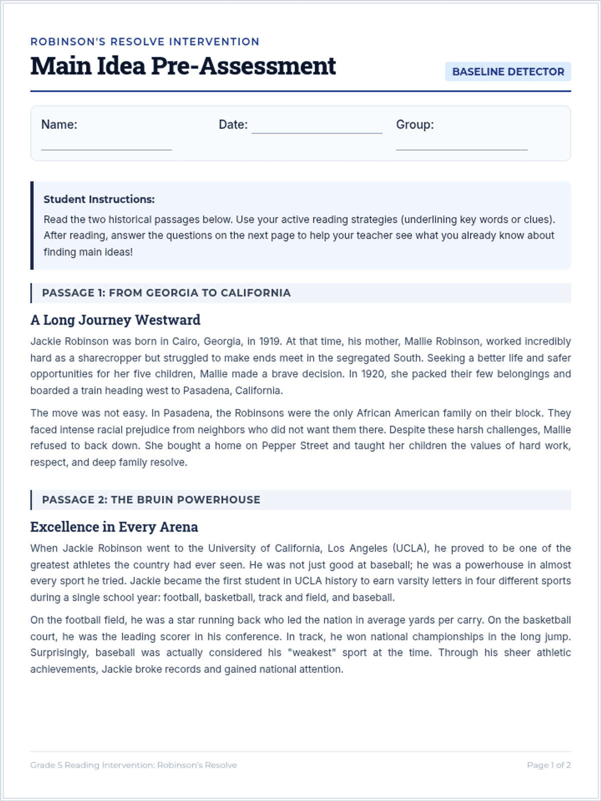 Main idea reading pre-assessment