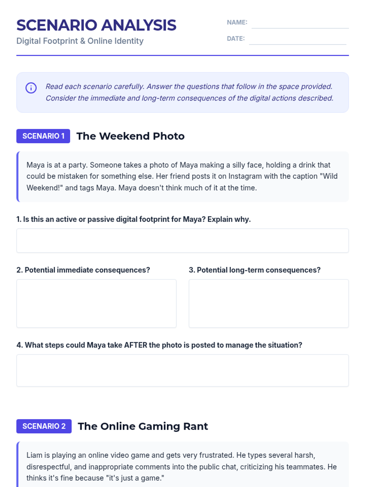 Digital Footprint Scenario Worksheet • Material • Lenny Learning
