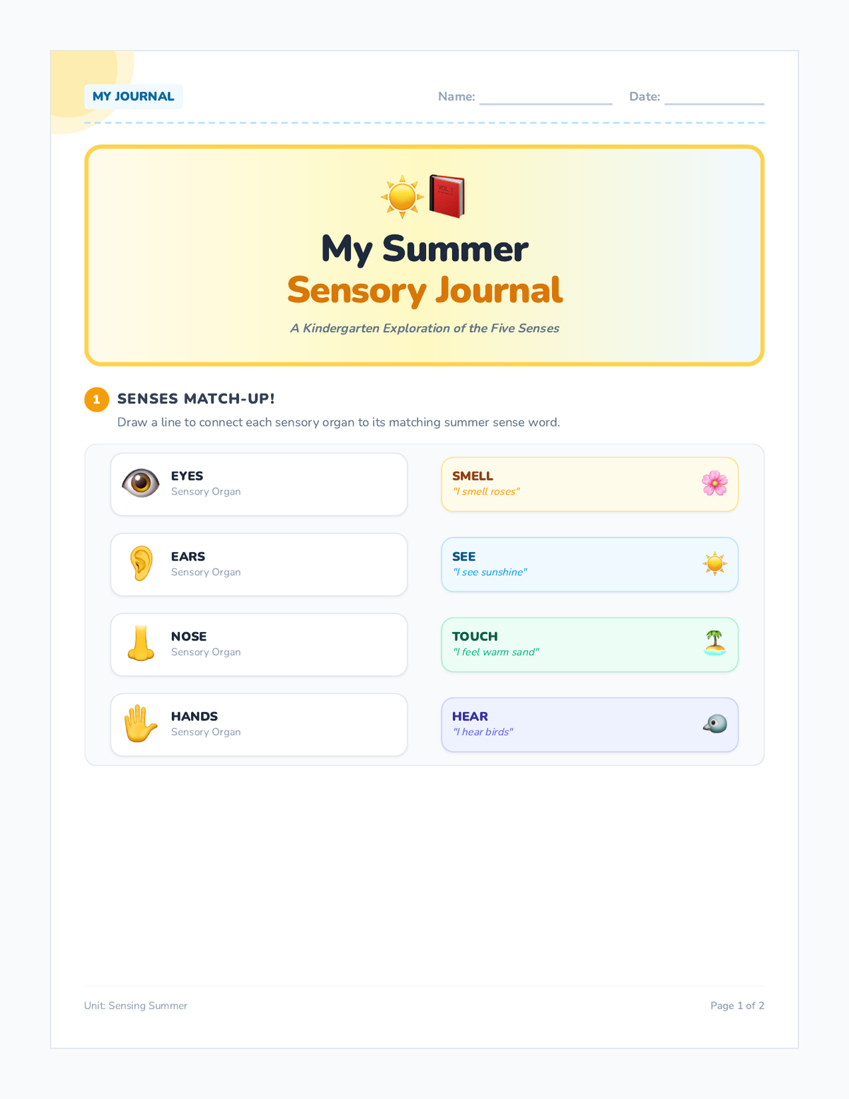 Summer Sensory Journal page 1