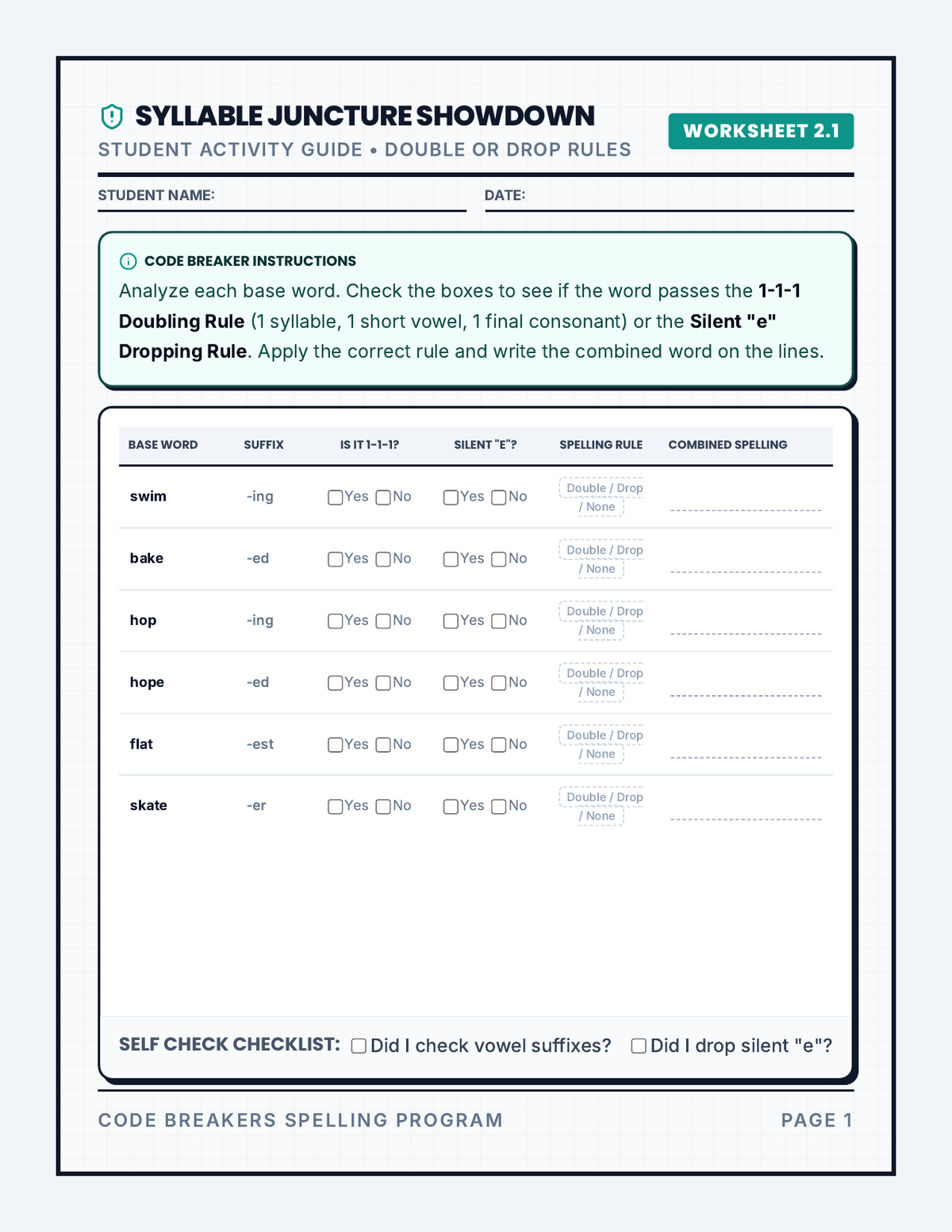 Syllable Juncture Practice page 1