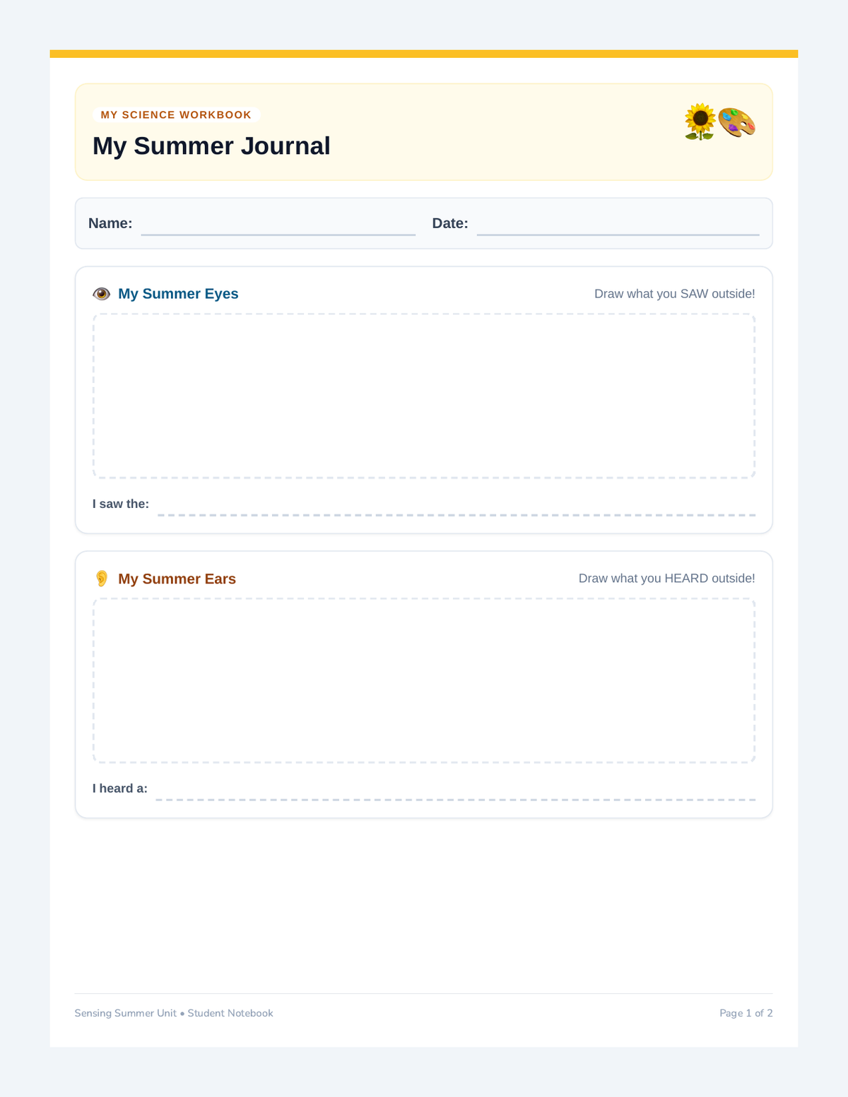 Summer Sensory Journal page 1