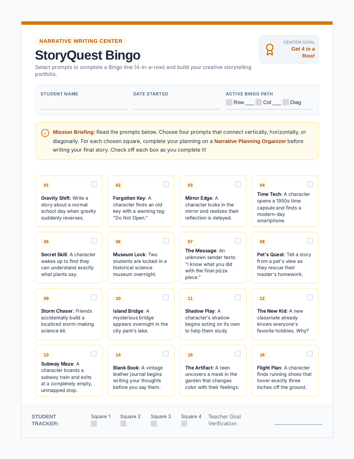 Narrative Bingo Board page 1