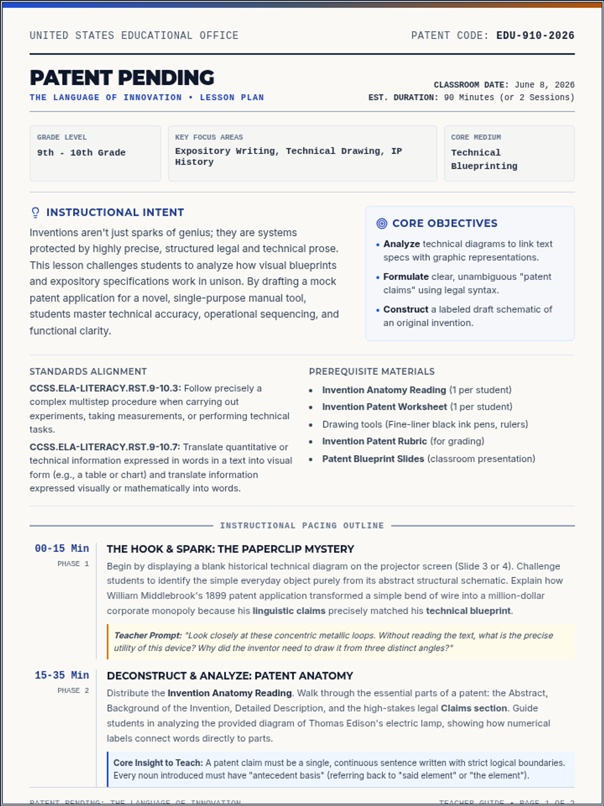 Patent Blueprint Lesson Plan