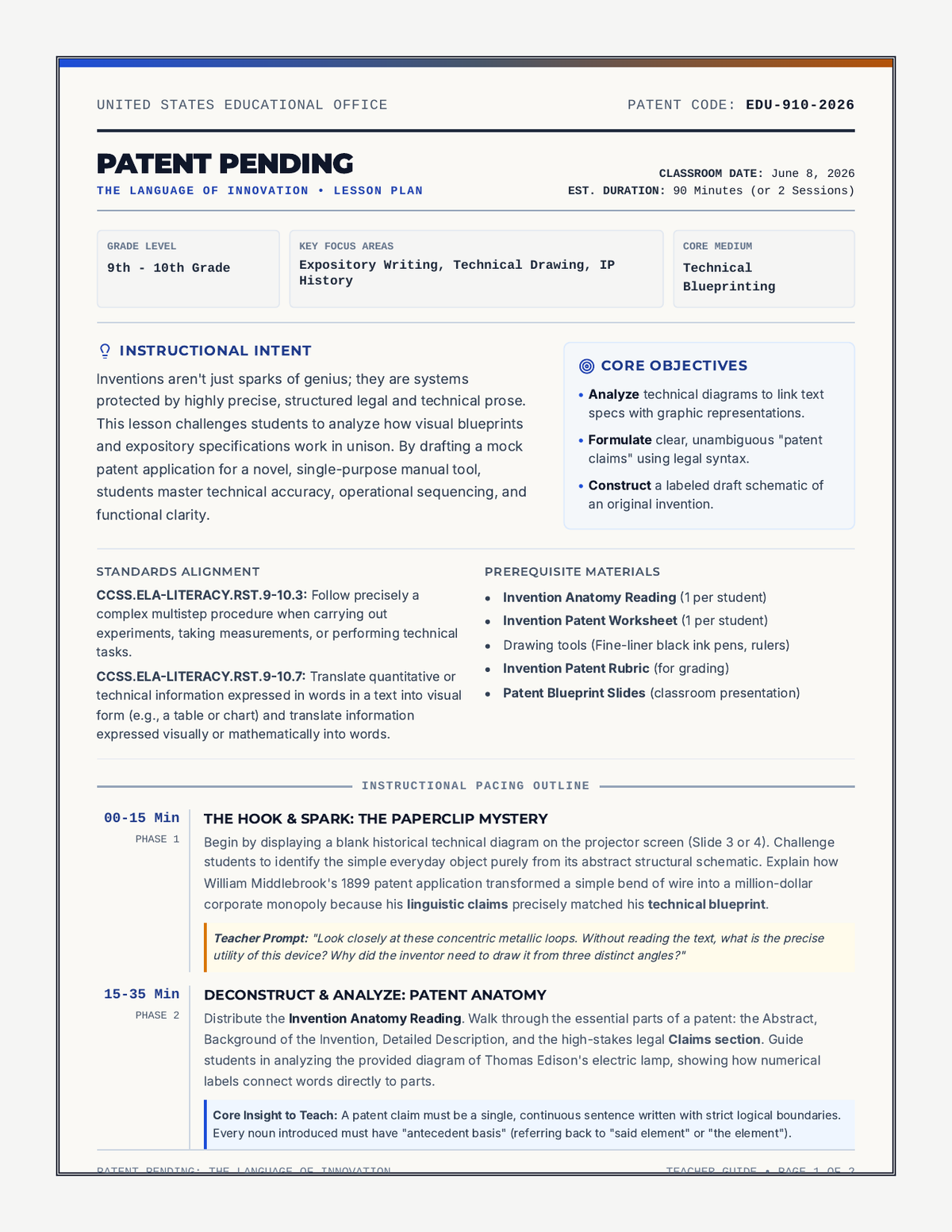 Patent Blueprint Lesson Plan page 1