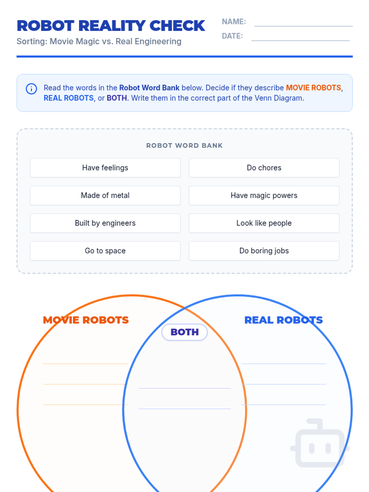 Robot Venn Diagram Worksheet • Material • Lenny Learning