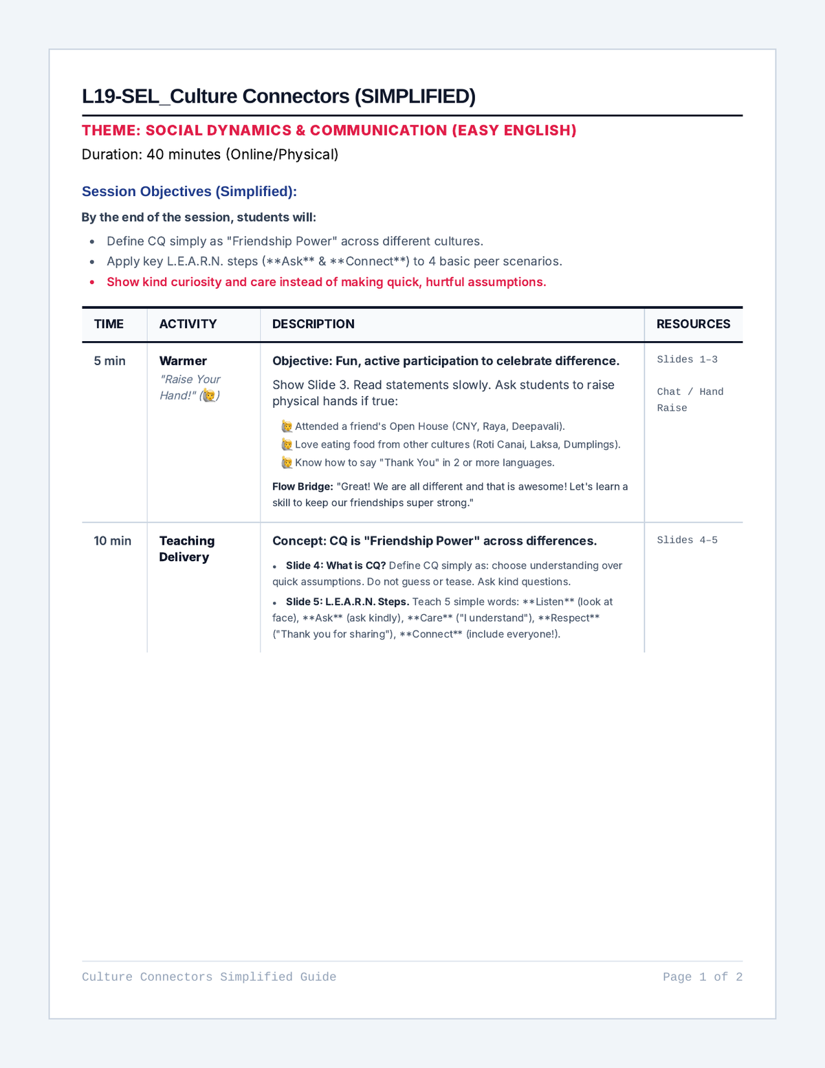 Culture Connectors Simplified Teacher Guide page 1