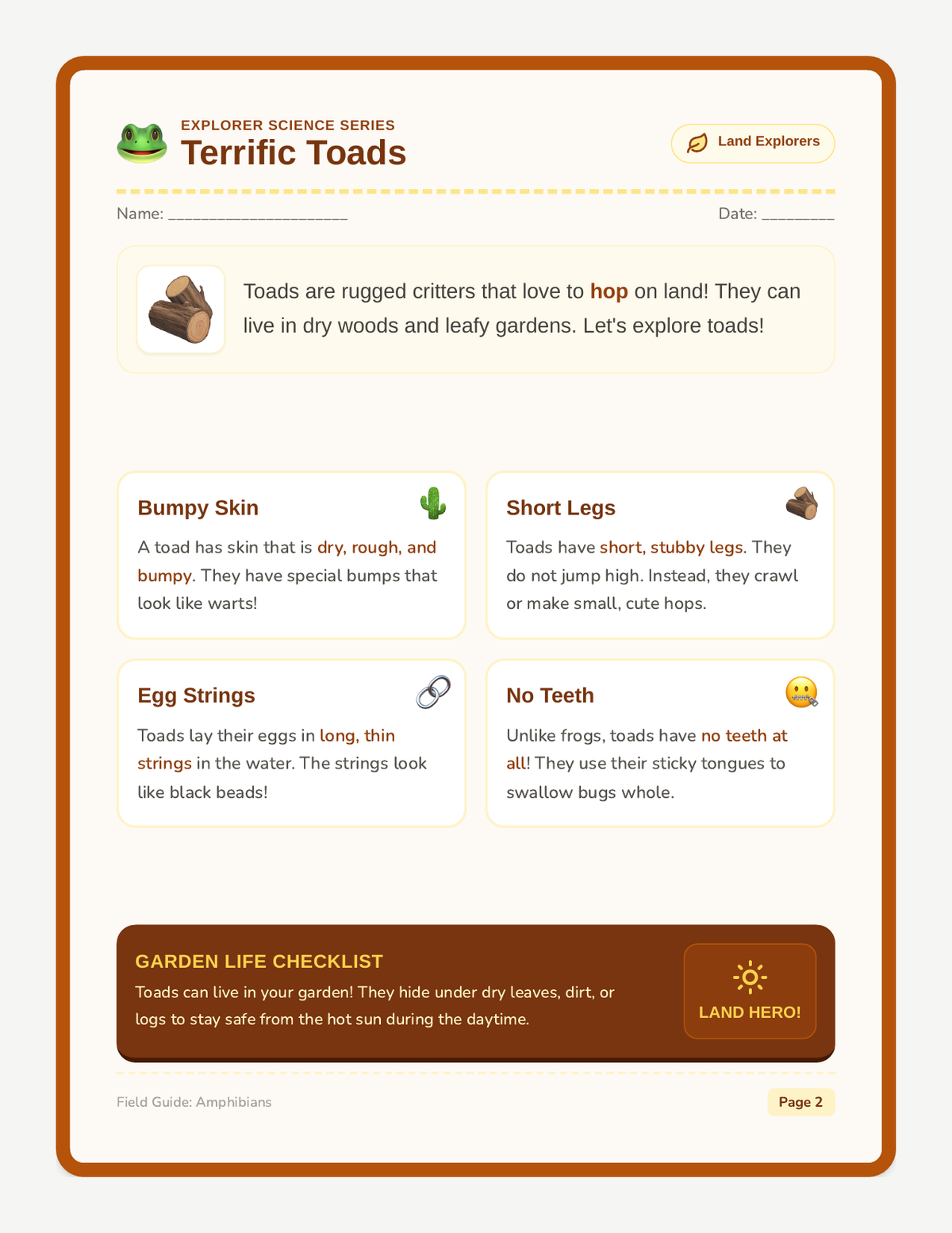 Terrific Toads Reading page 1
