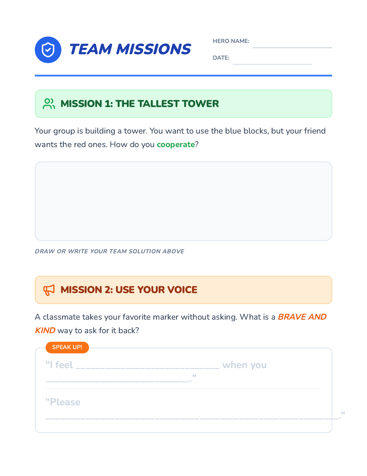 Team Missions Worksheet page 1