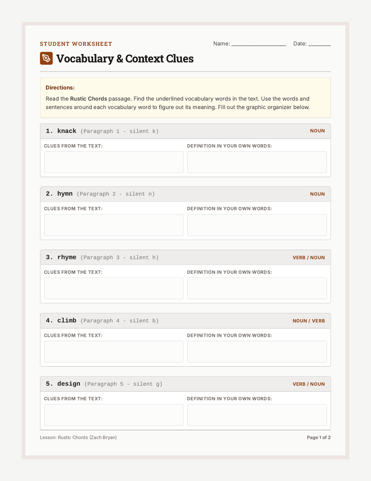 Rustic Chords Worksheet page 1
