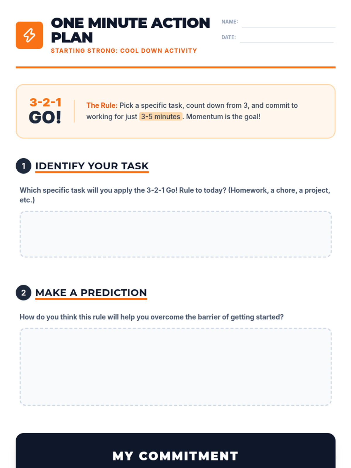 One Minute Action Plan Worksheet • Material • Lenny Learning