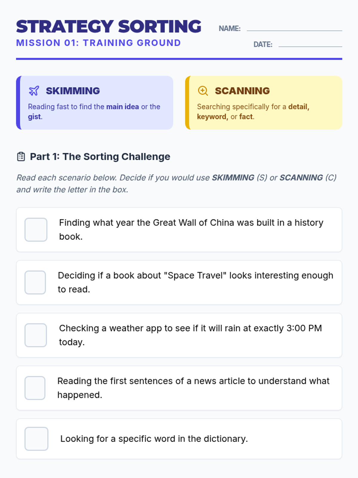 Strategy Sorting Worksheet
