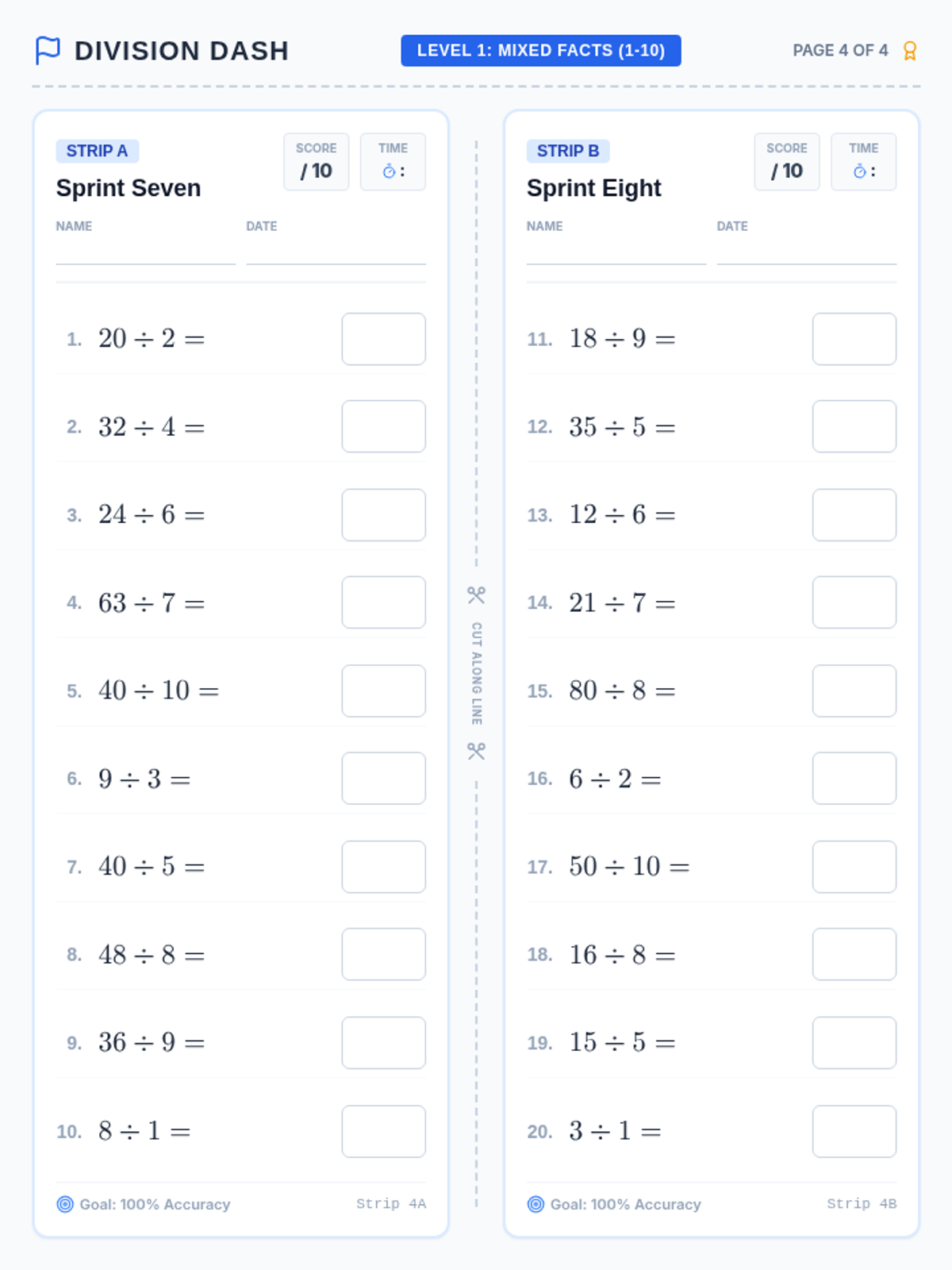 Division Dash Strip 4 Worksheet