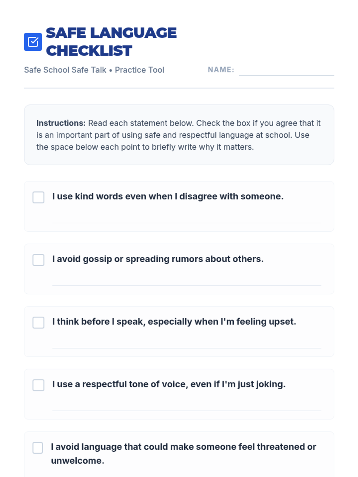 Safe Language Checklist Worksheet • Material • Lenny Learning