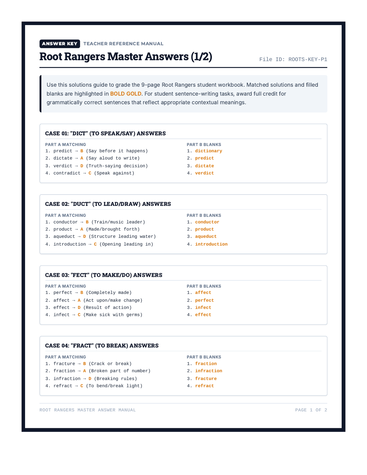 Root Rangers Teacher Answer Key page 1