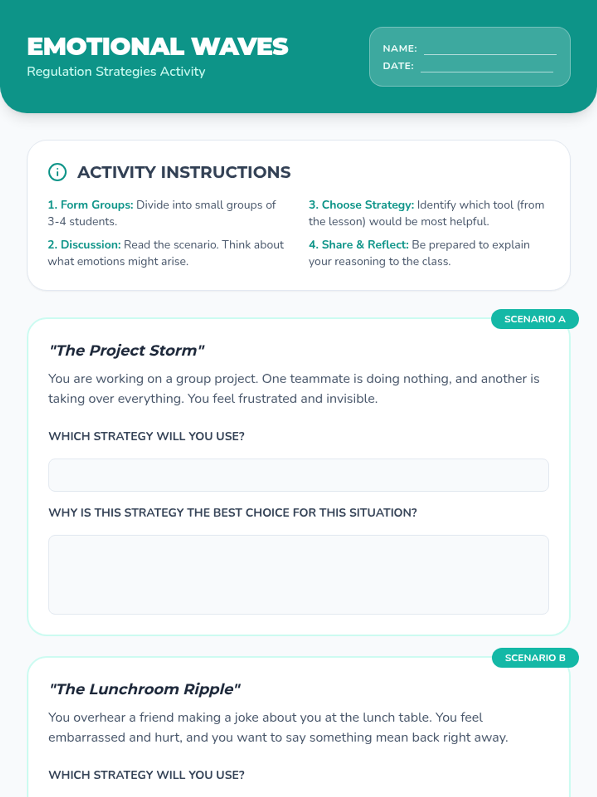 Emotional Regulation Activity Sheet • Material • Lenny Learning