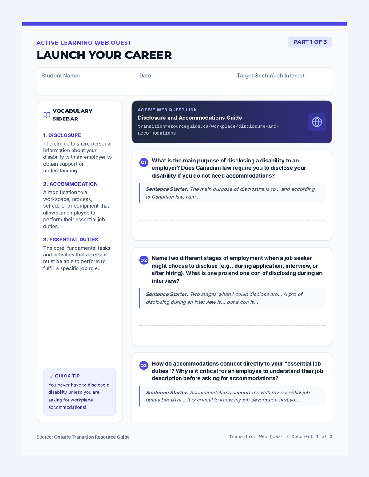 Workplace Transition Webquest page 1