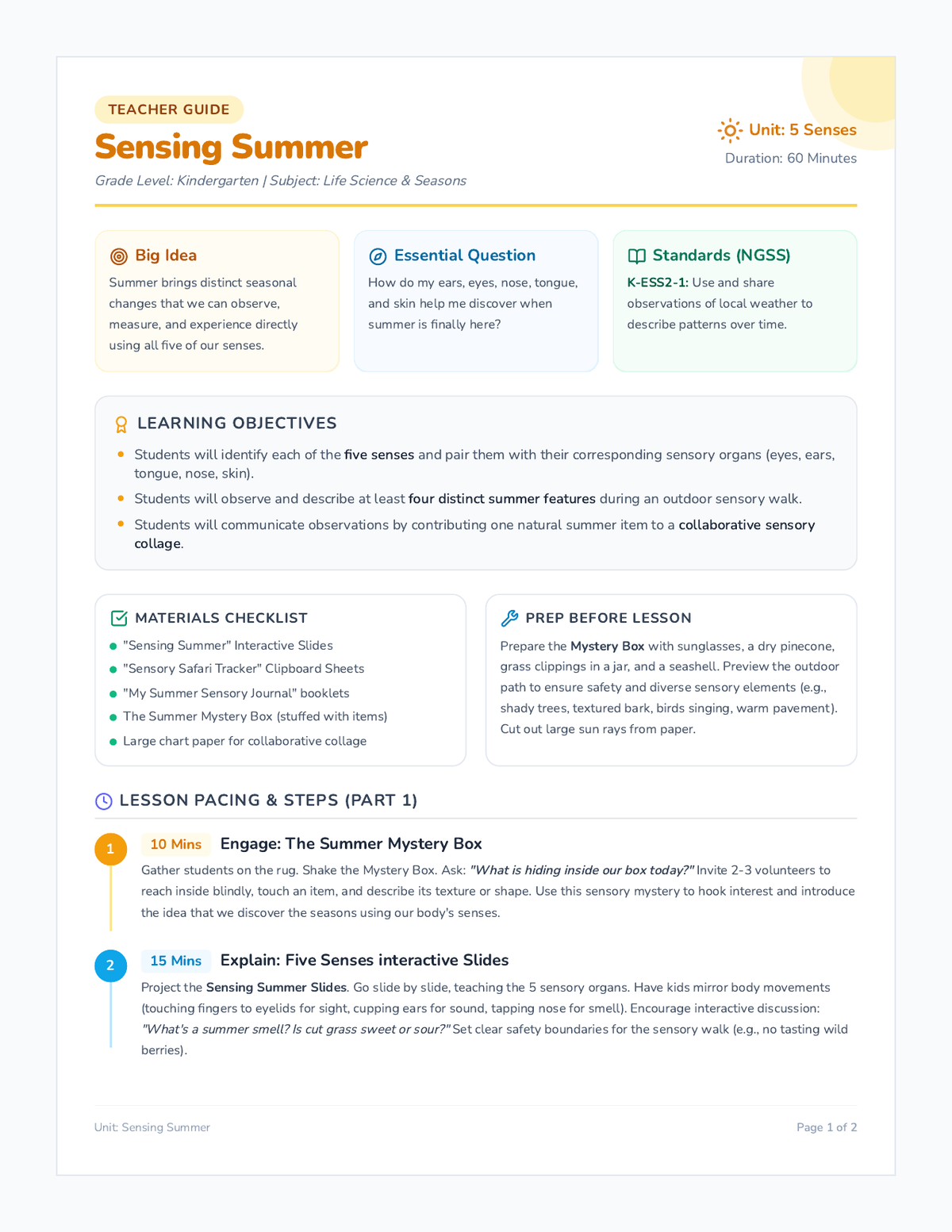 Sensing Summer Lesson Plan page 1