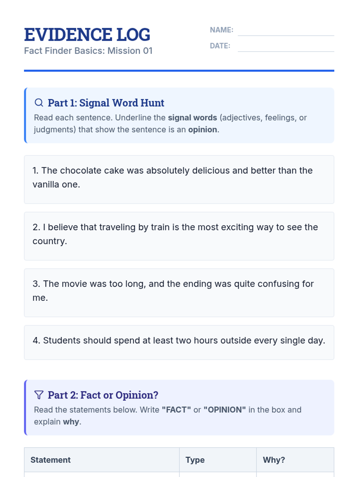 Evidence Log Worksheet