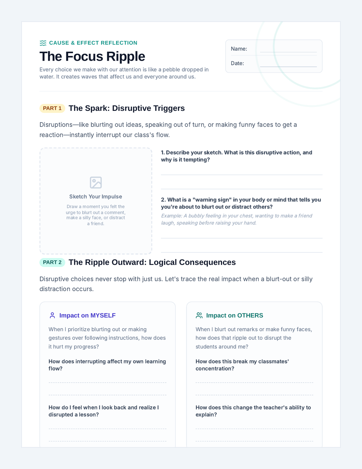 Focus Ripple Reflection Worksheet page 1