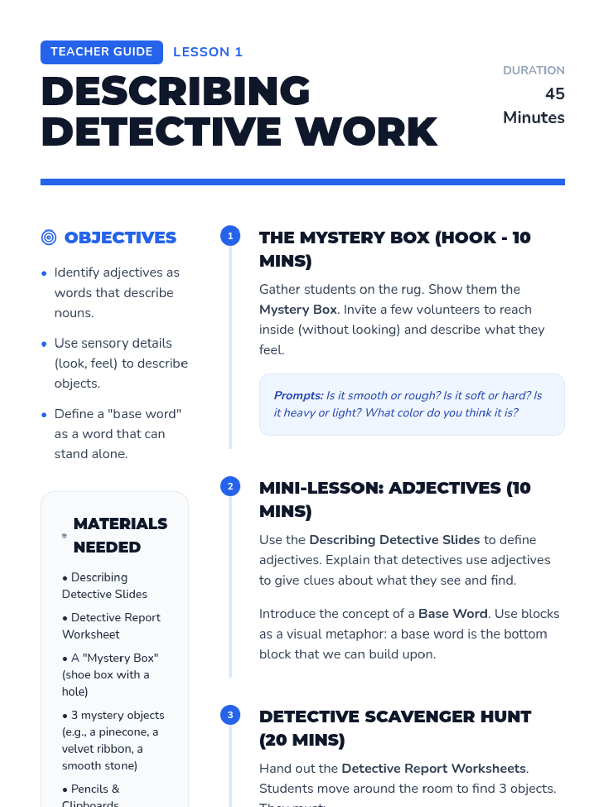 Describing Detective Facilitation Guide • Material • Lenny Learning