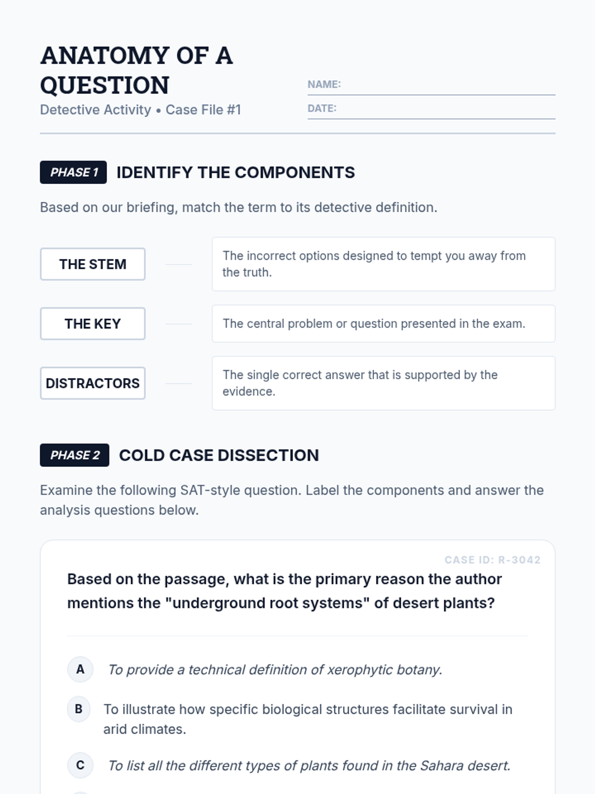 Anatomy of a Question Worksheet