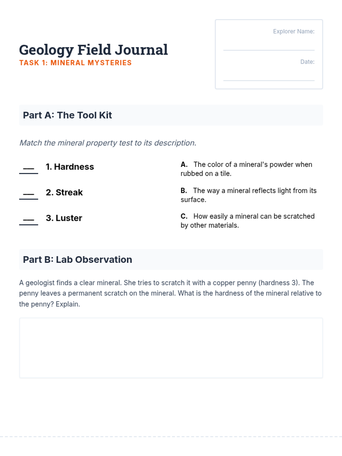 Geology Expedition Journal Worksheet