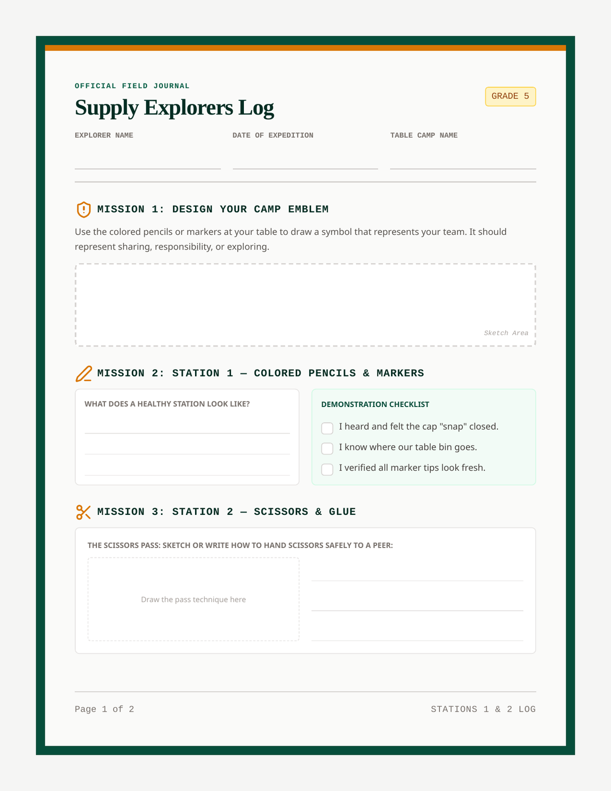 Supply Explorers Log page 1