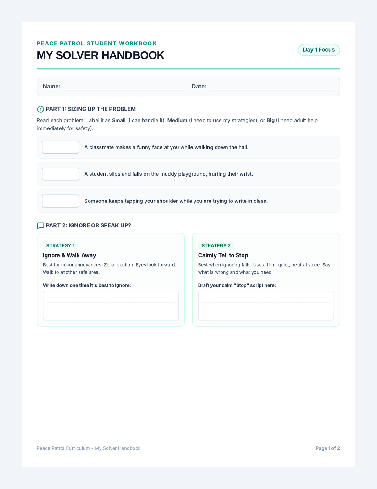 Peace Patrol Workbook page 1