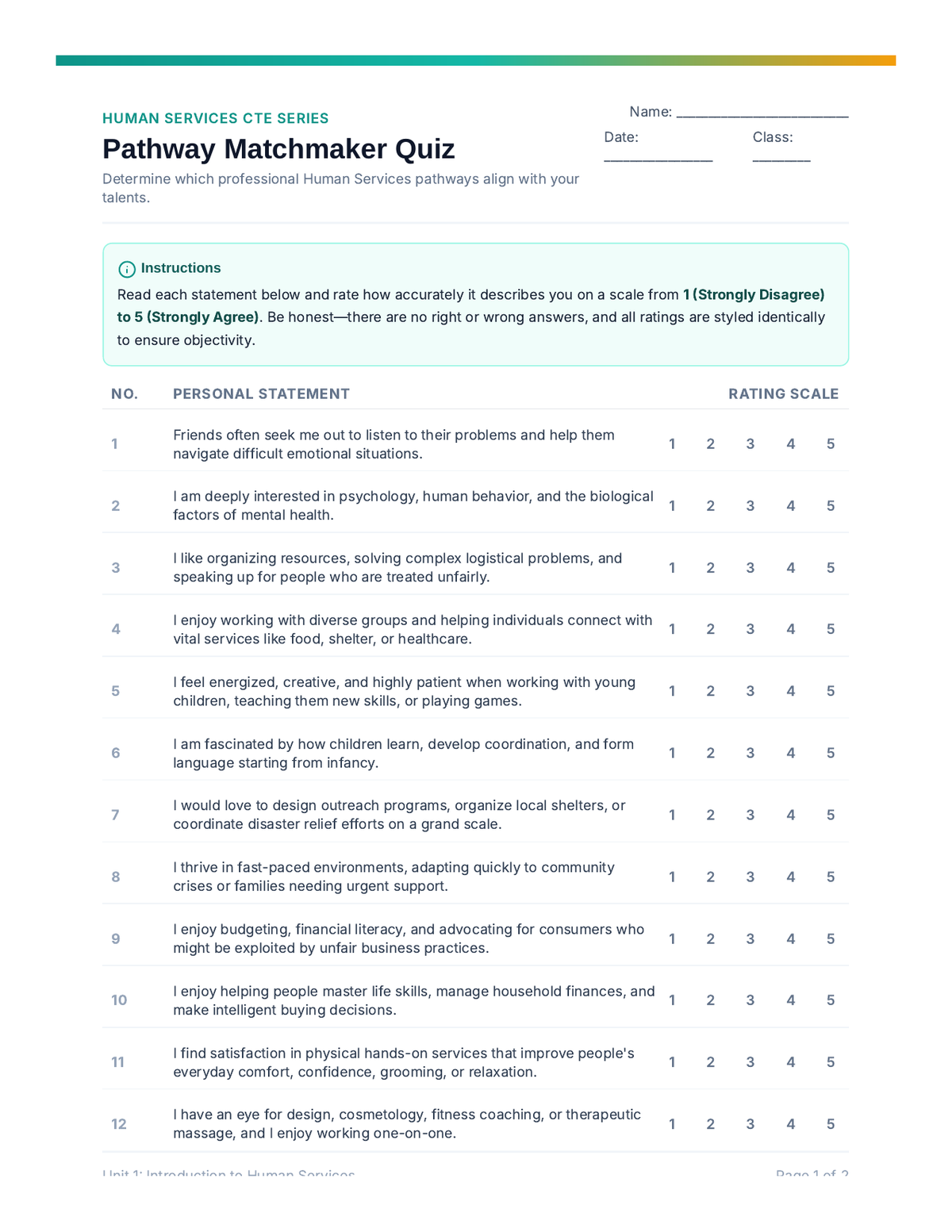 Pathway Matchmaker Quiz page 1