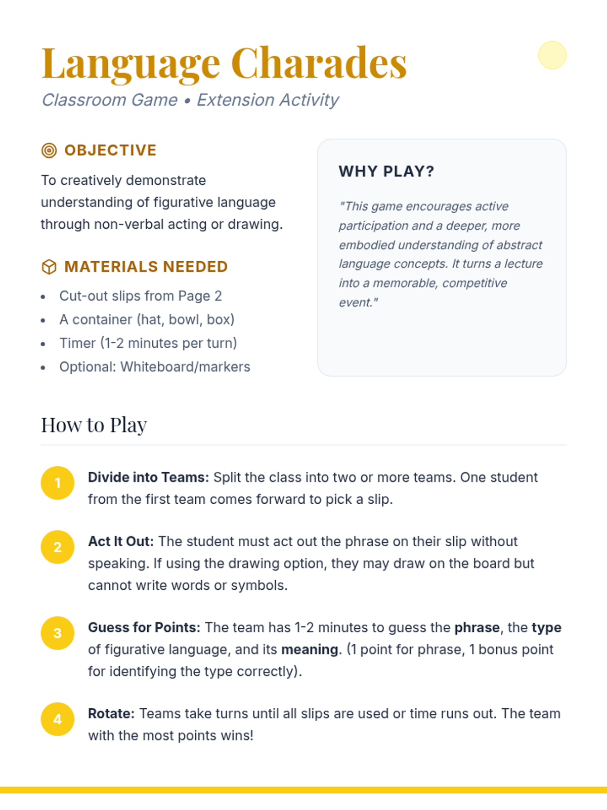 Figurative Language Charades Game • Material • Lenny Learning