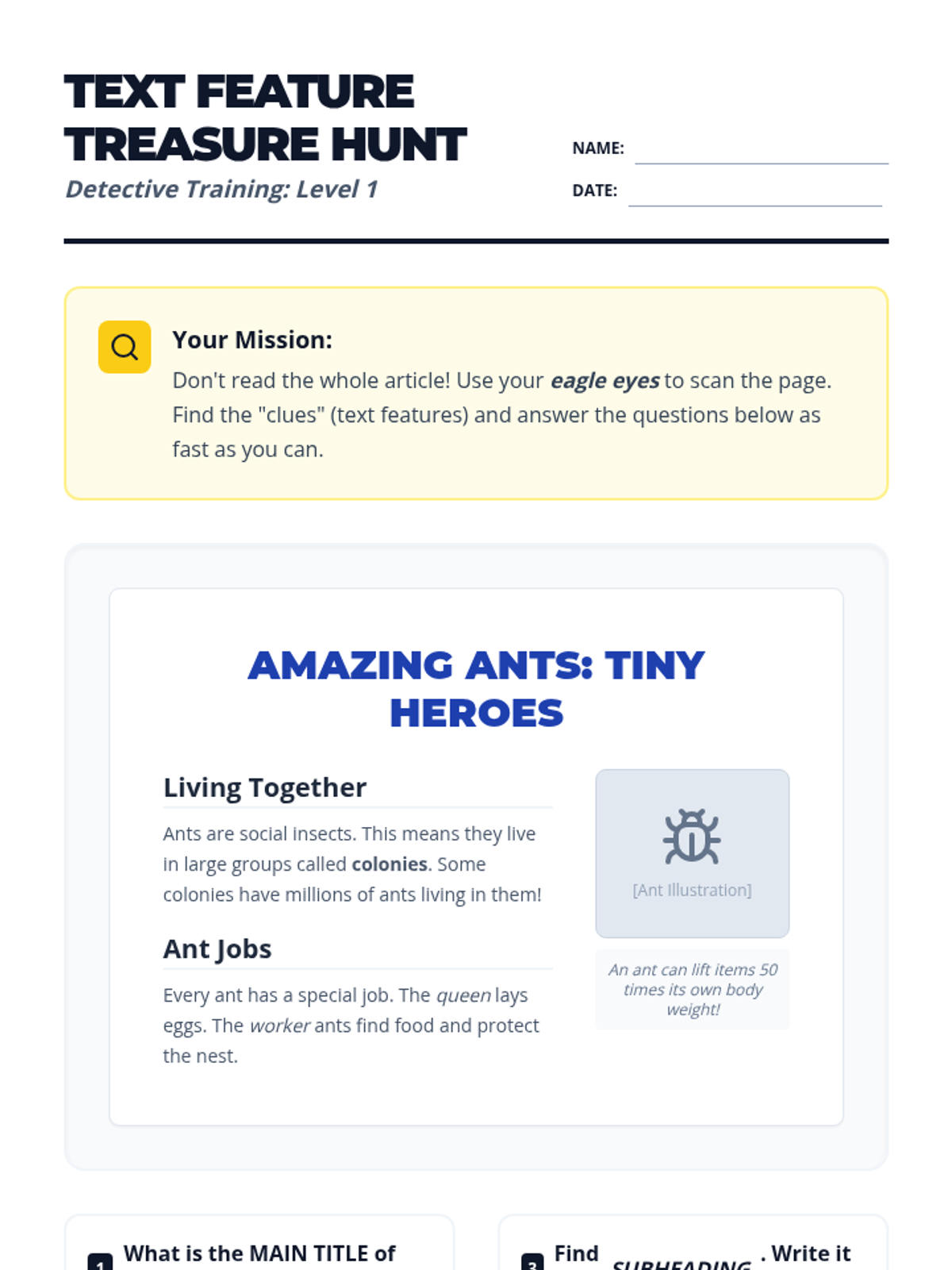 Text Feature Treasure Hunt Worksheet