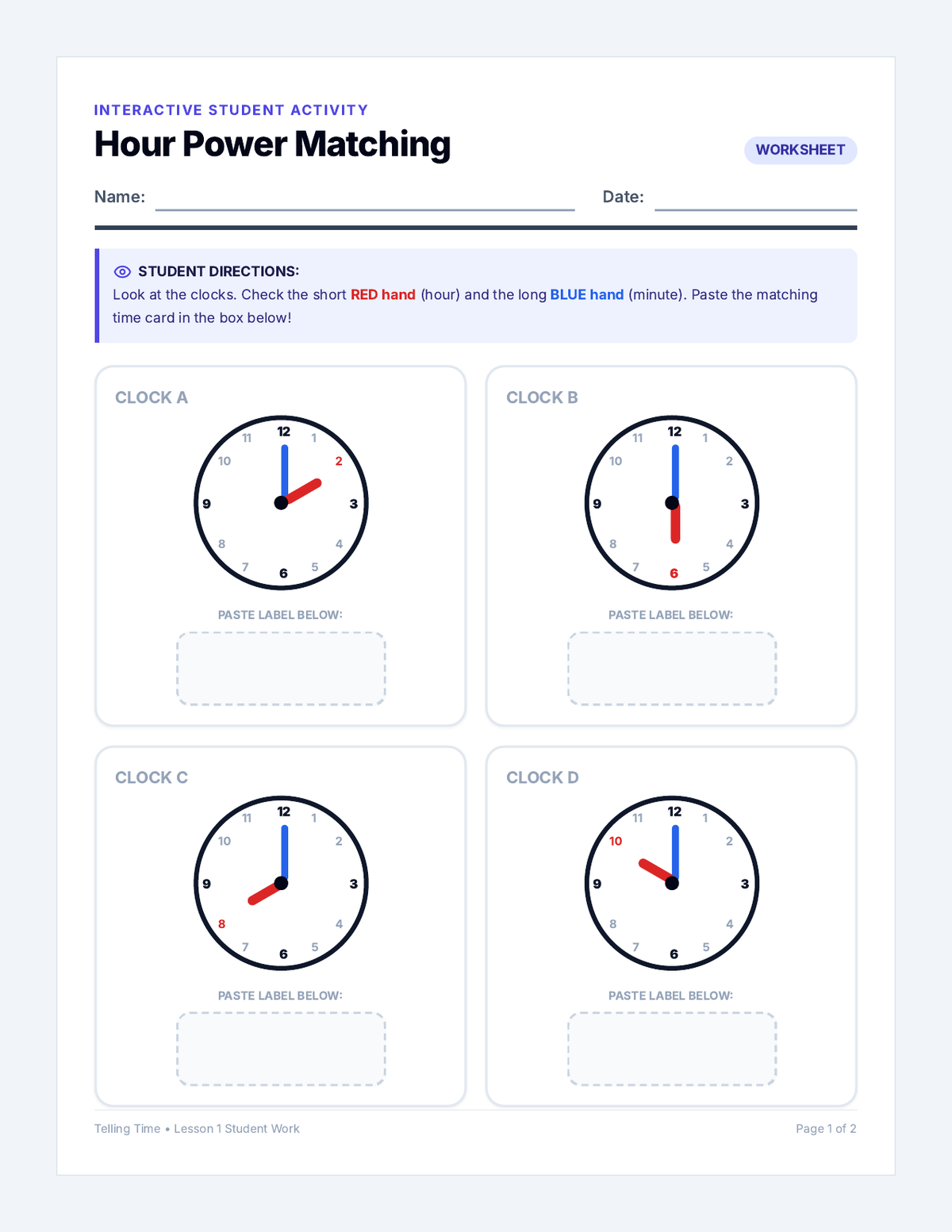 Hour Power Matching Activity page 1