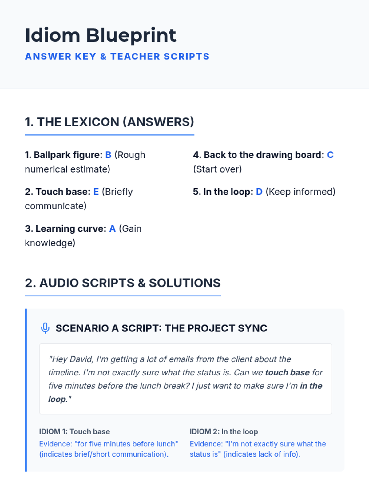 Idiom Blueprint Teacher Key