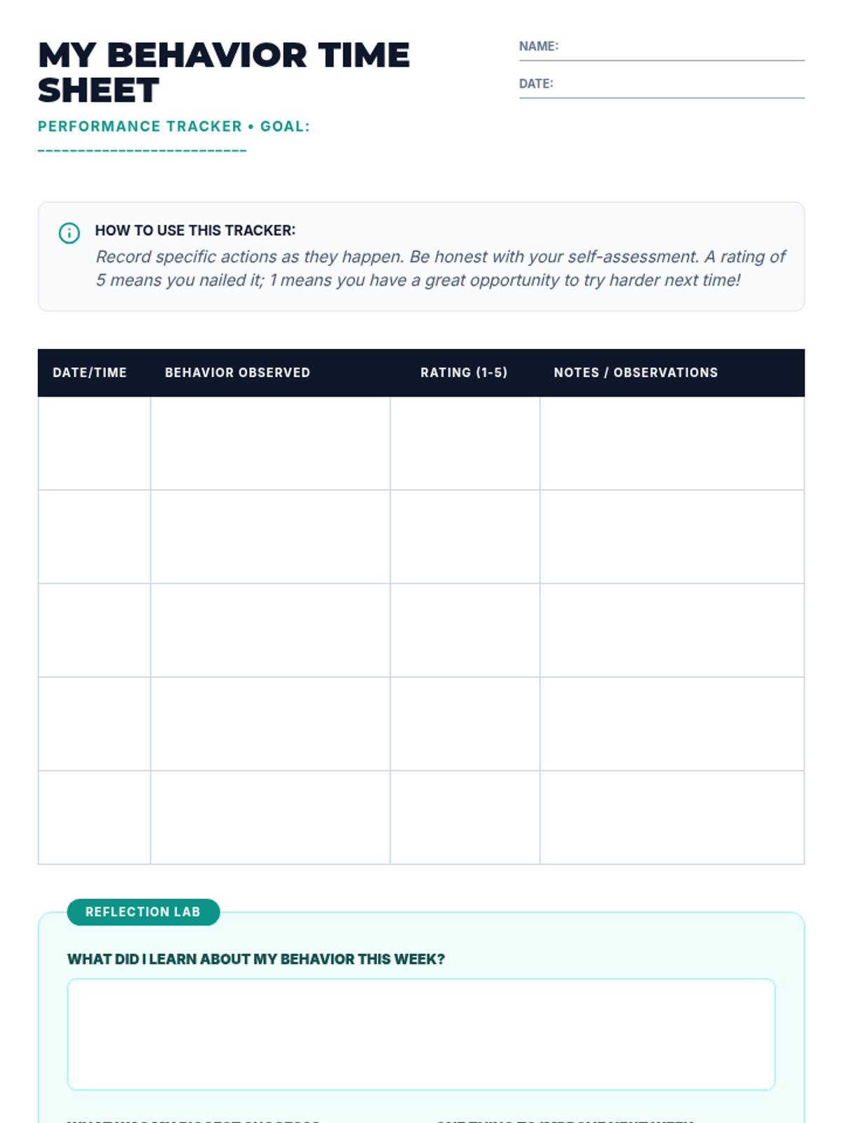 Behavior Time Sheet Worksheet • Material • Lenny Learning