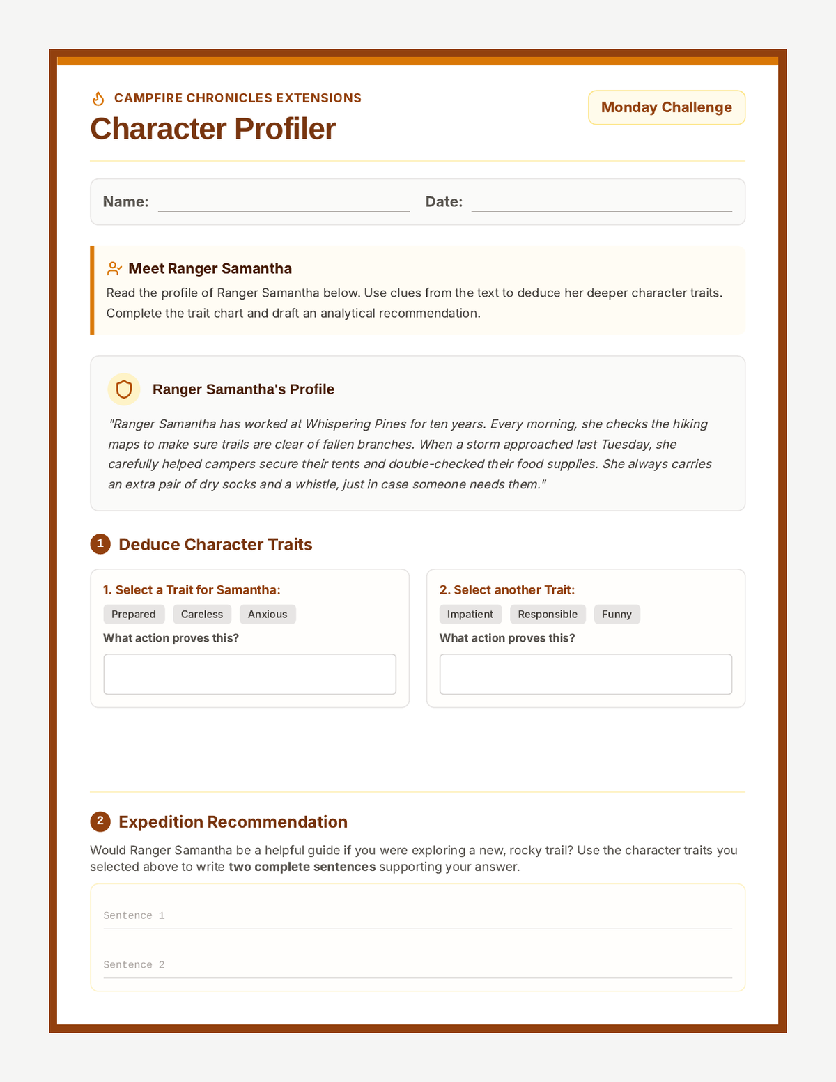 Campfire Chronicles Extensions Worksheet page 1