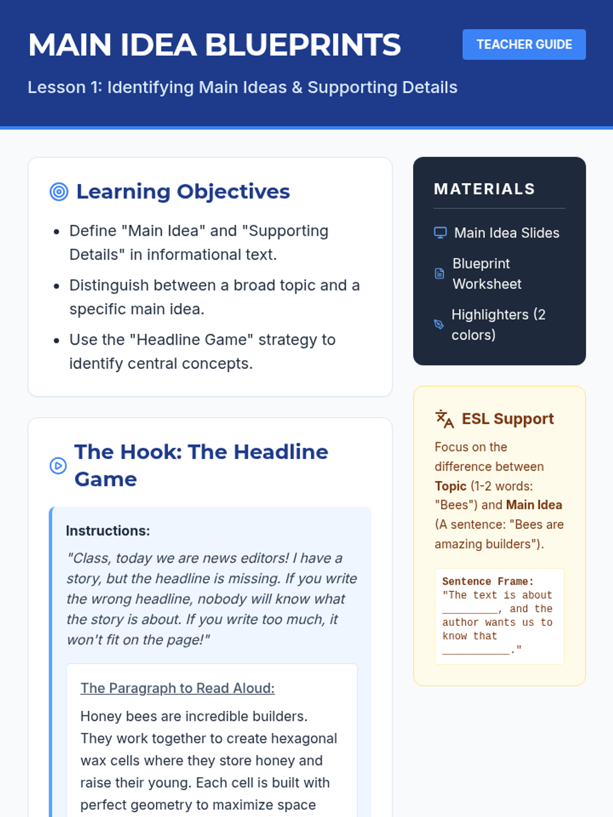 Main Idea Blueprints Teacher Guide