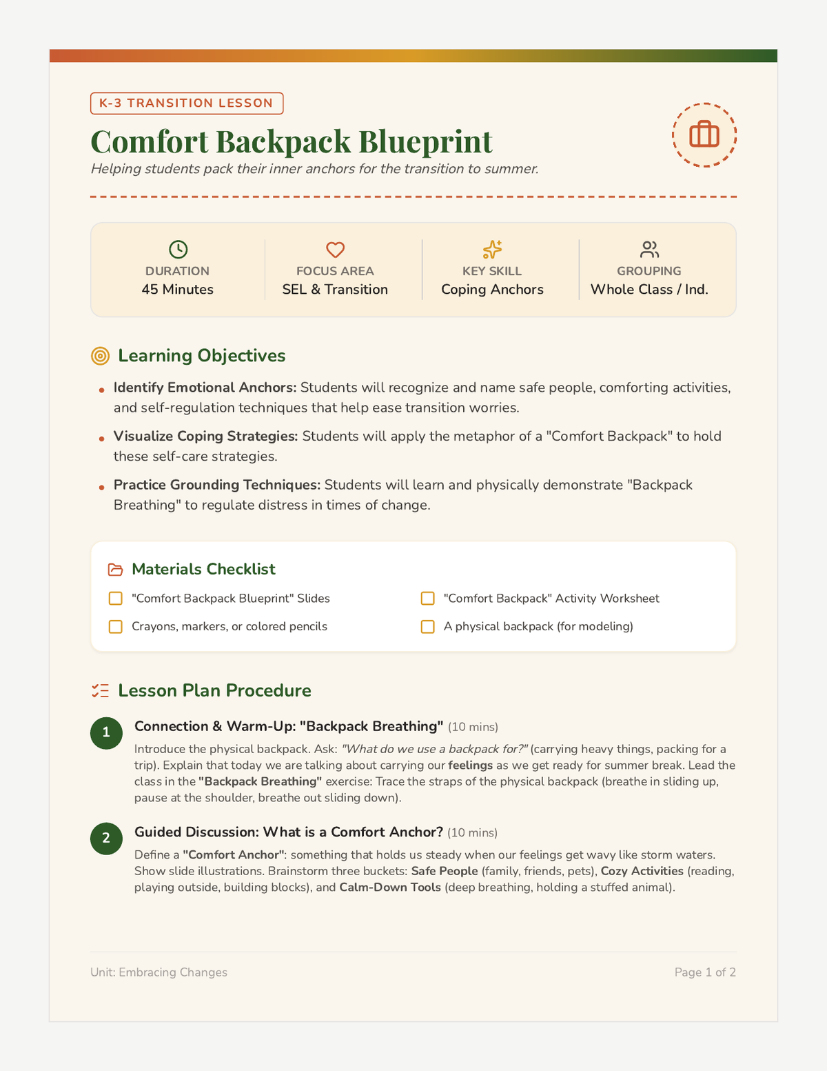 Comfort Backpack Lesson Plan page 1