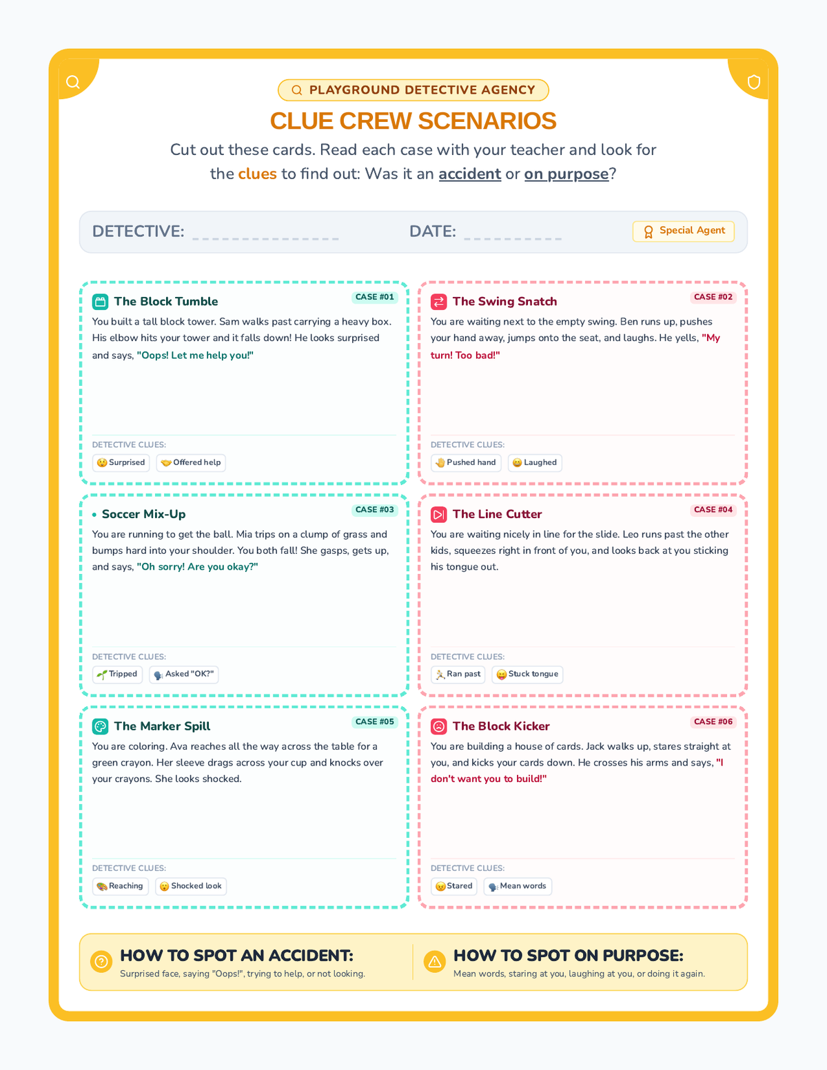 Playground Detectives Scenario Cards page 1