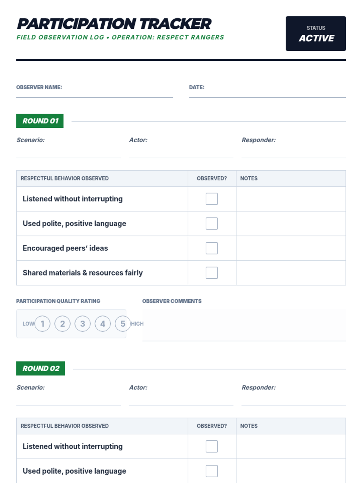 Participation Tracker Chart Worksheet • Material • Lenny Learning