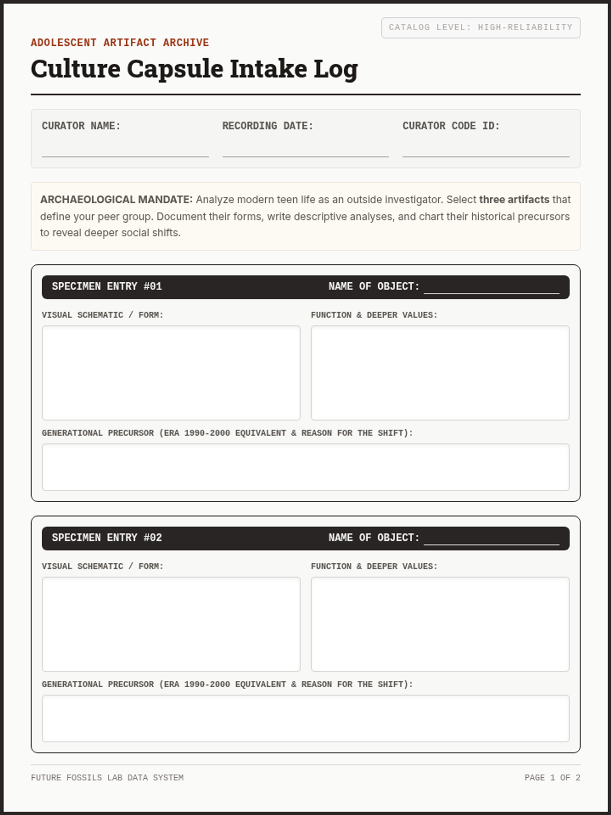 Future Fossils Curator Sheet