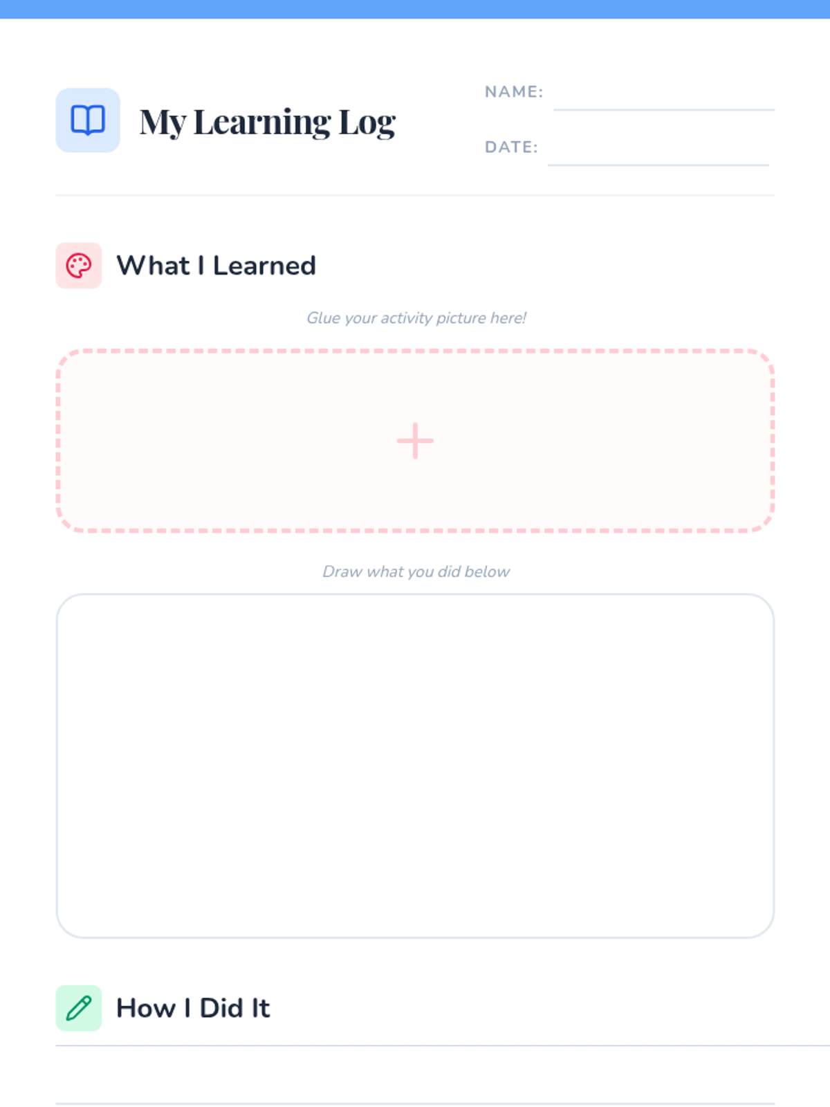 Blank Learning Log Template Worksheet • Material • Lenny Learning