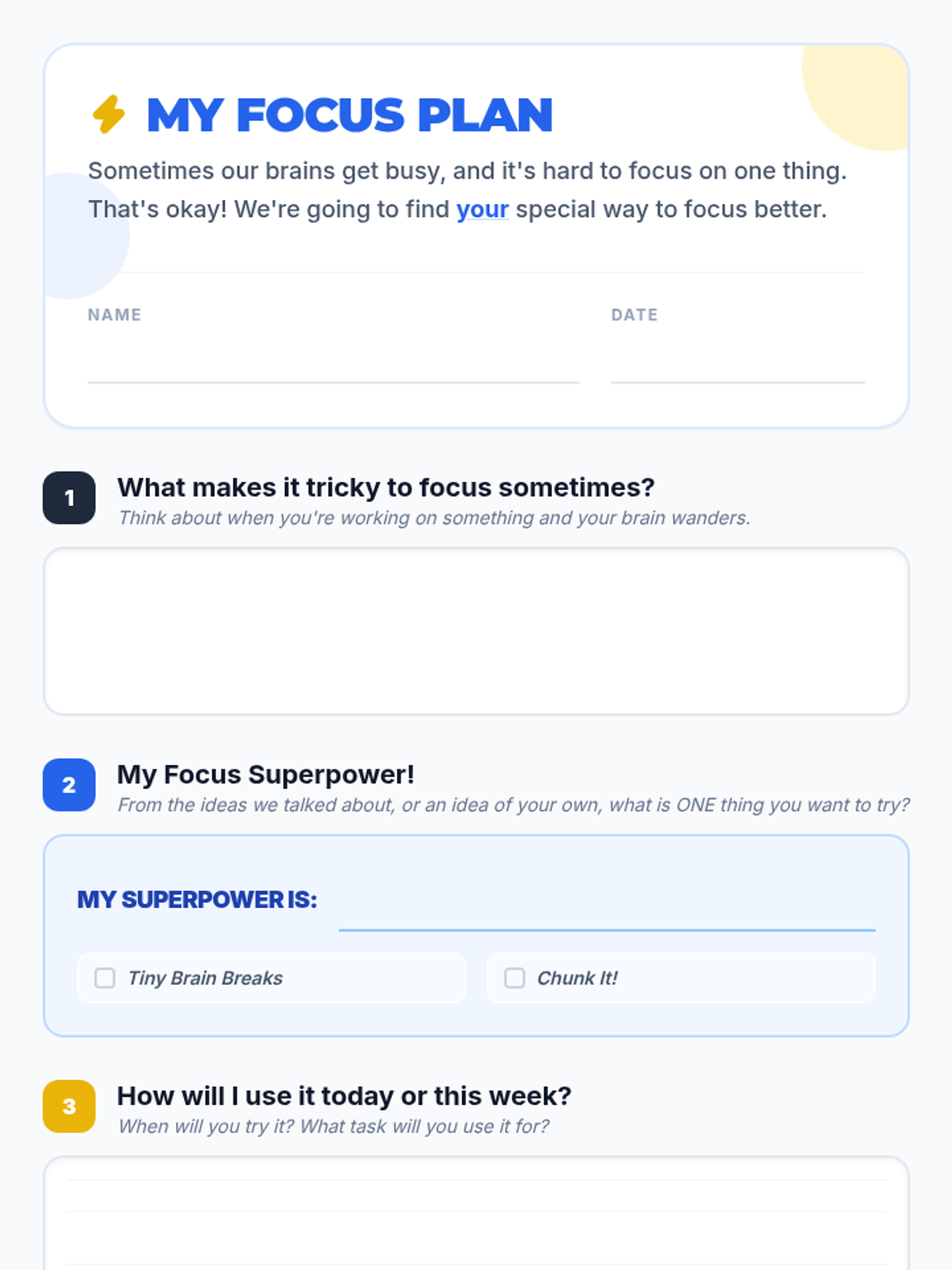 My Focus Plan Worksheet • Material • Lenny Learning
