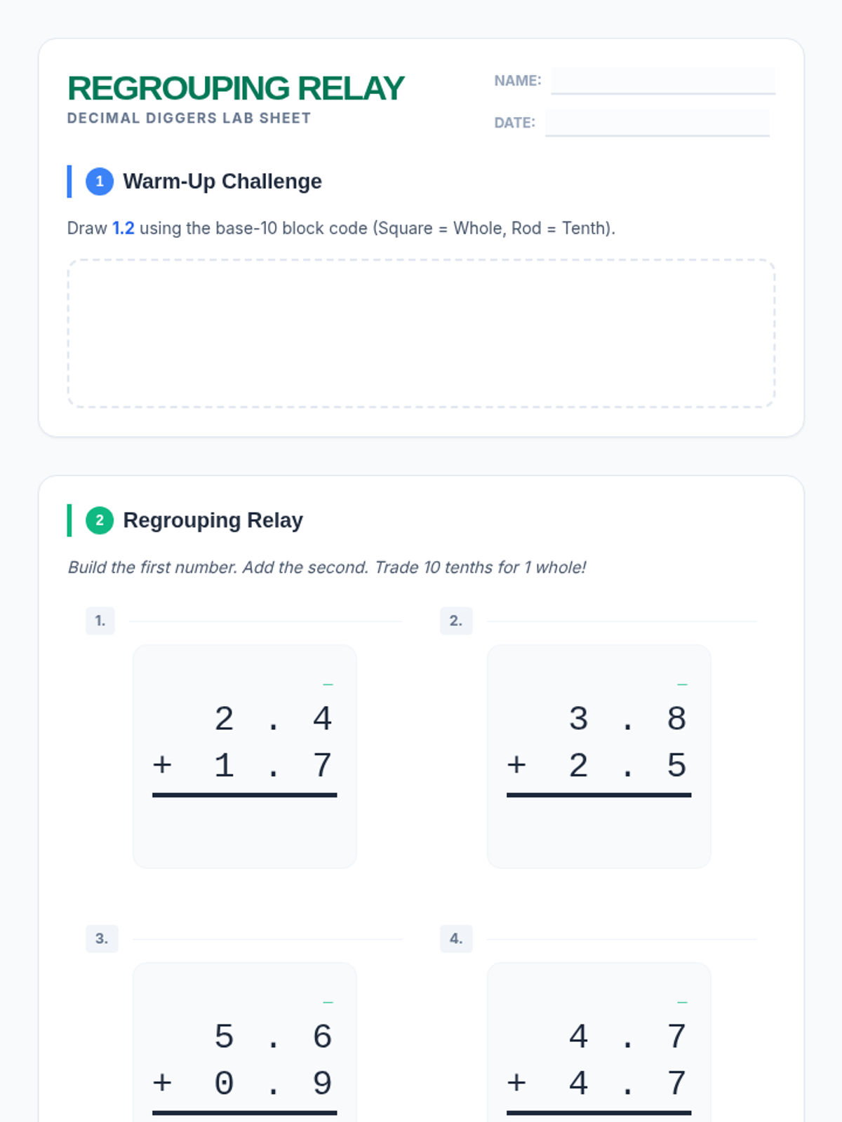 Regrouping Relay Worksheet • Material • Lenny Learning