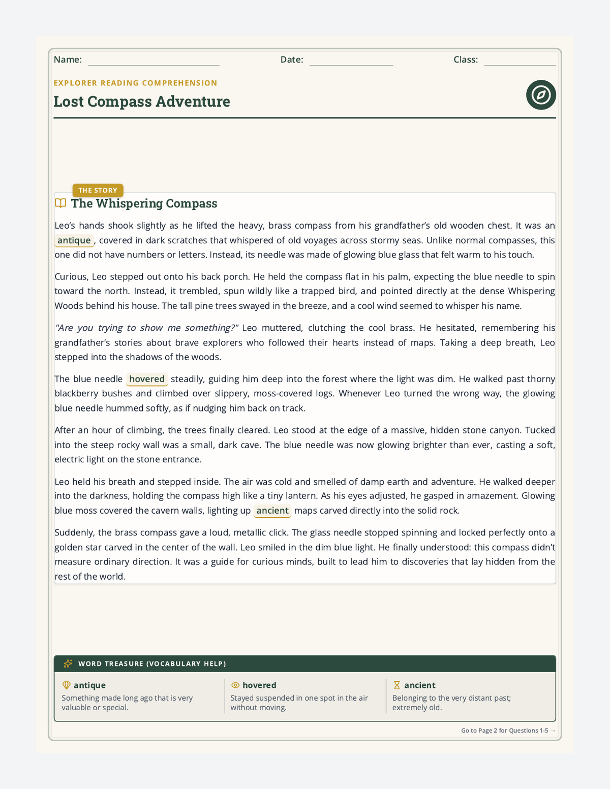 Lost Compass Worksheet page 1