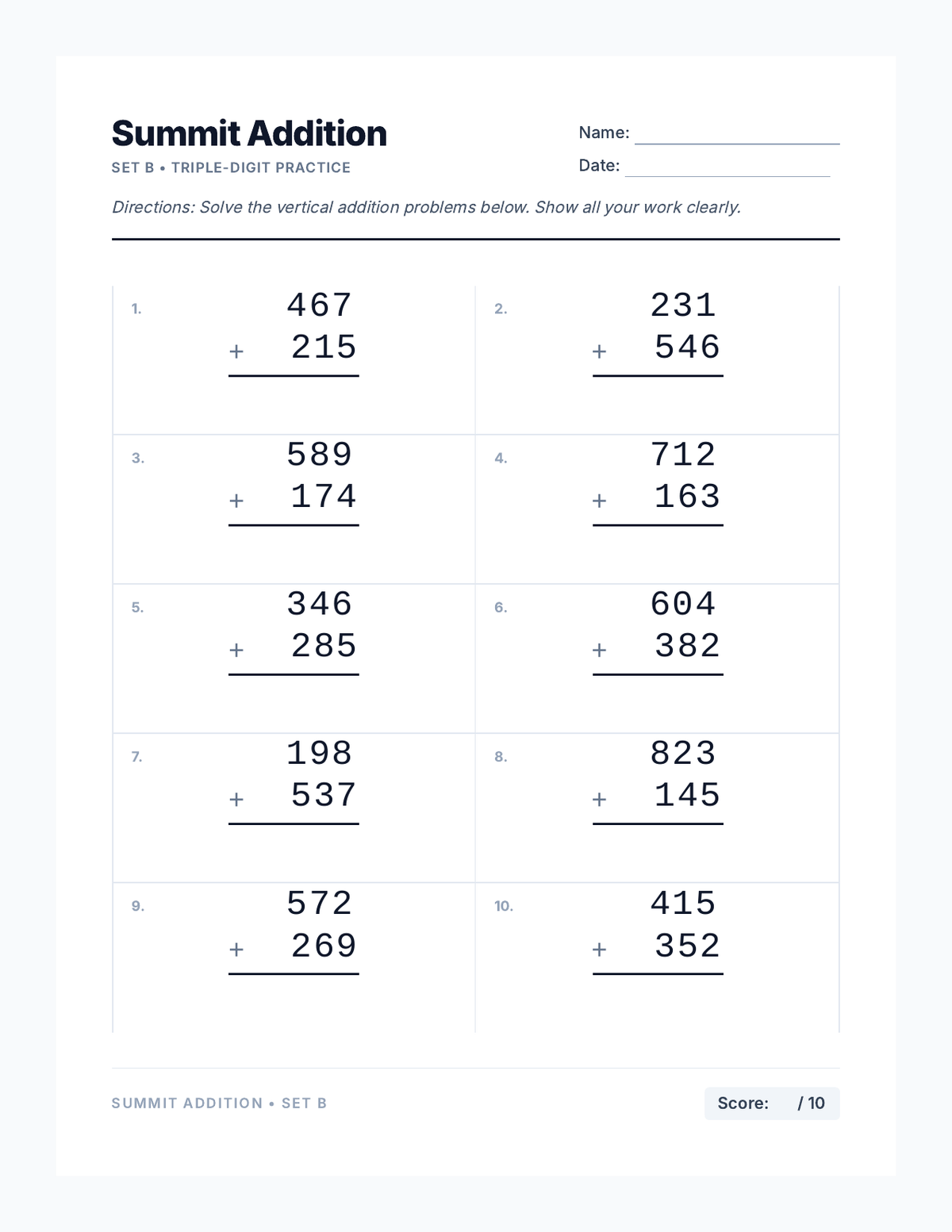 Summit Addition Worksheet 2 page 1
