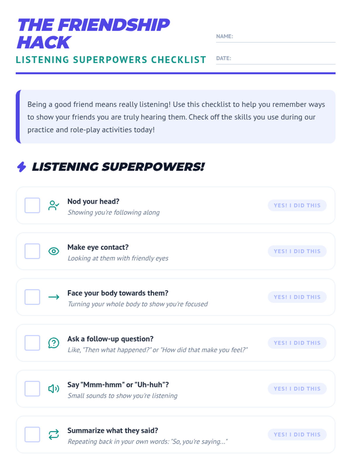Active Listening Checklist Worksheet • Material • Lenny Learning