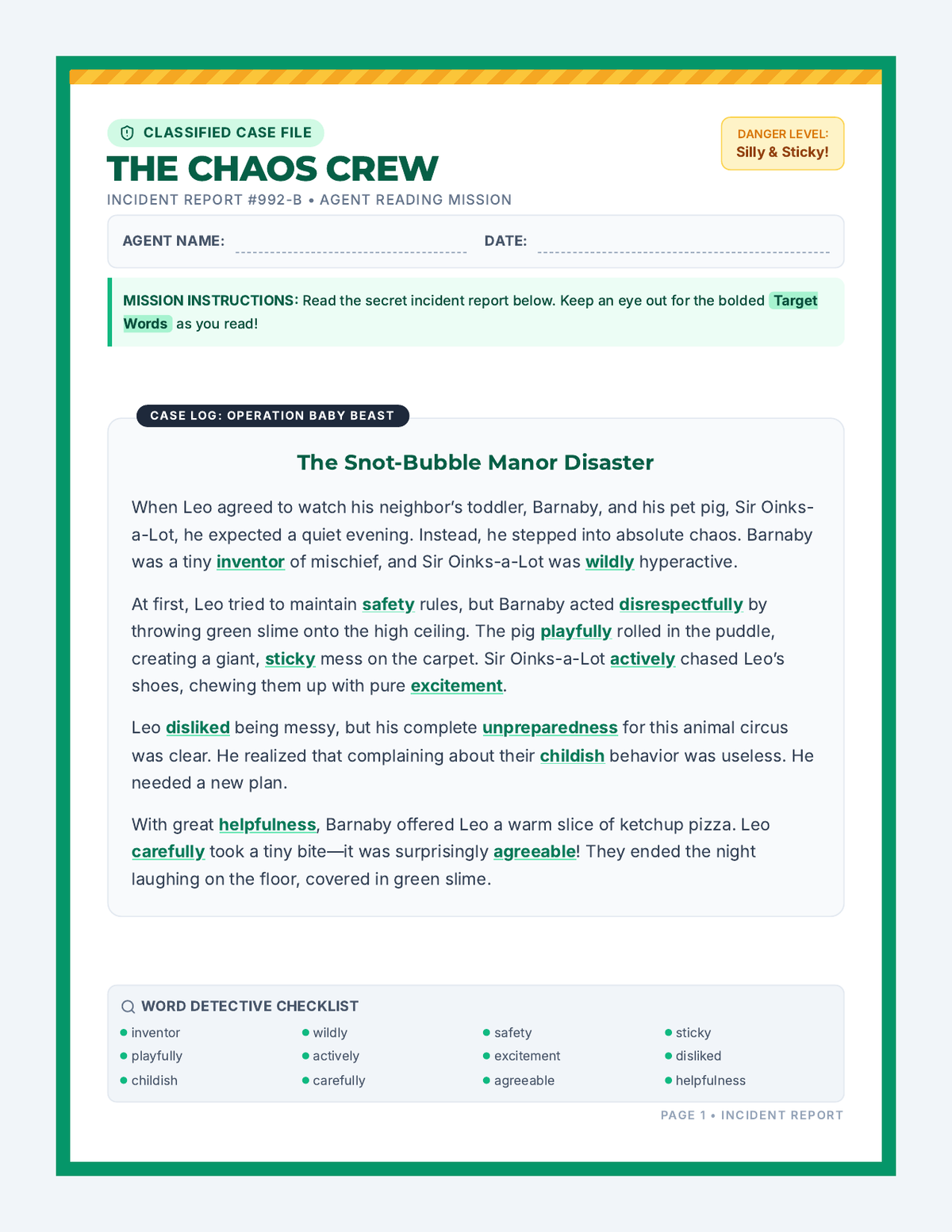 Chaos Crew Adventure Worksheet page 1