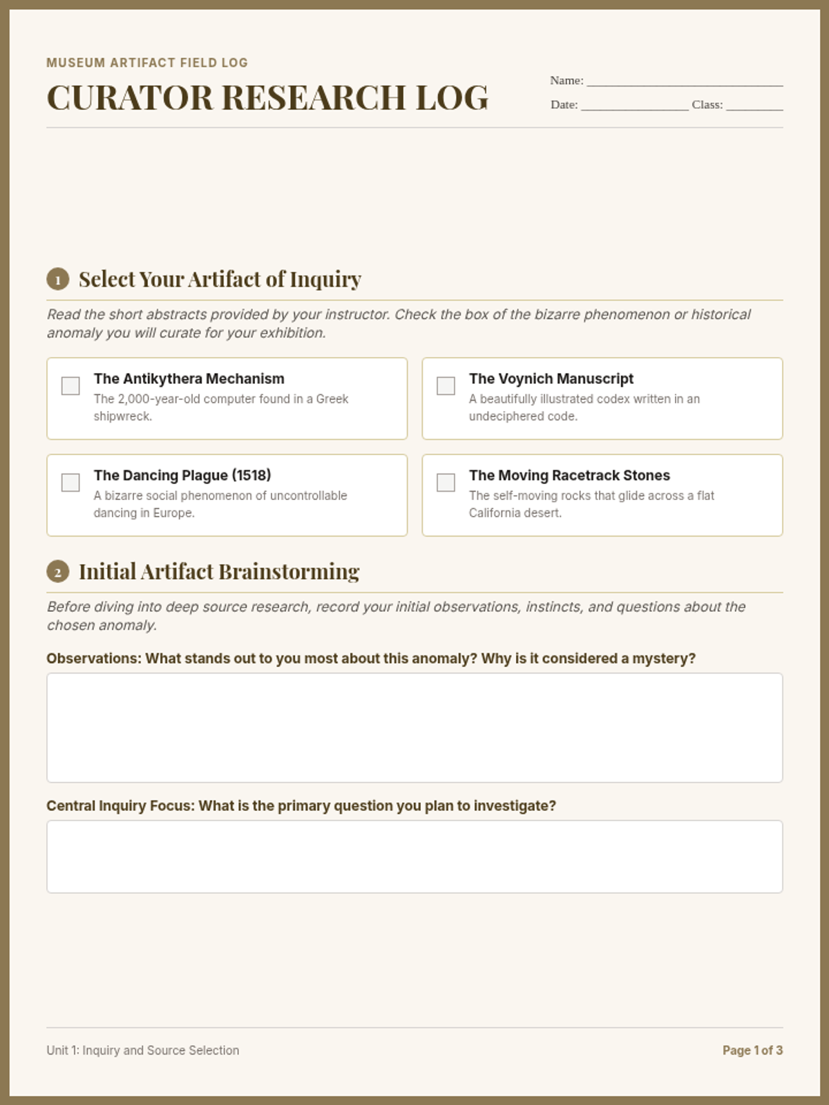 Curiosity Student Packet