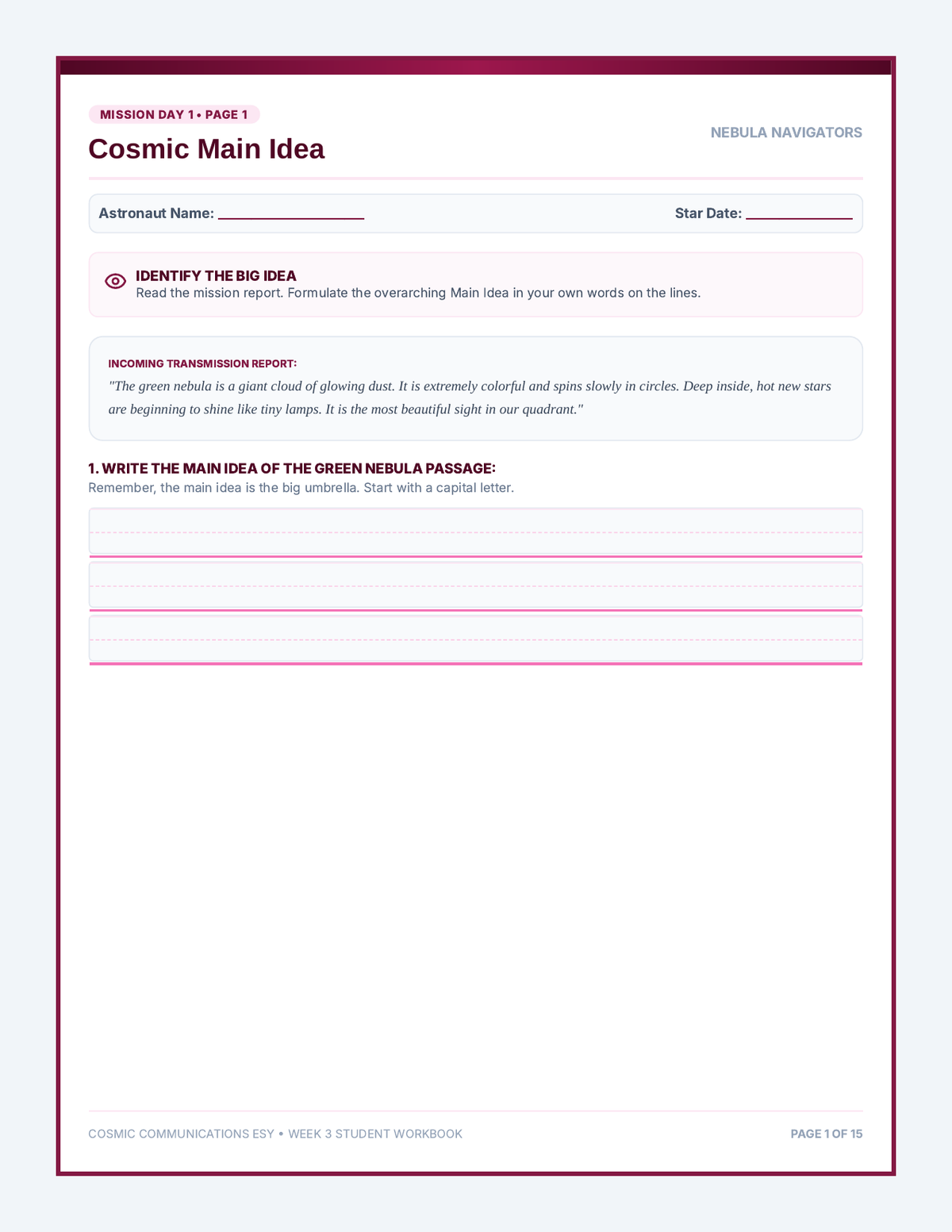 Nebula Navigators Worksheet Pack page 1